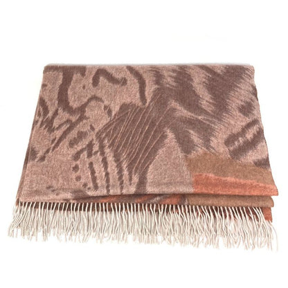 Hermes Blanket Taiga Animal Fringe Plaid Cashmere Brown