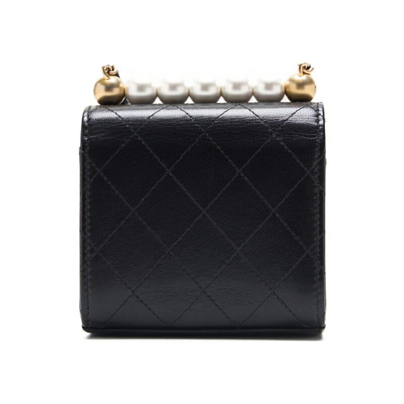 Chanel Mini Matelasse Pearl Chain Shoulder Lambskin Black With Gold Hardware