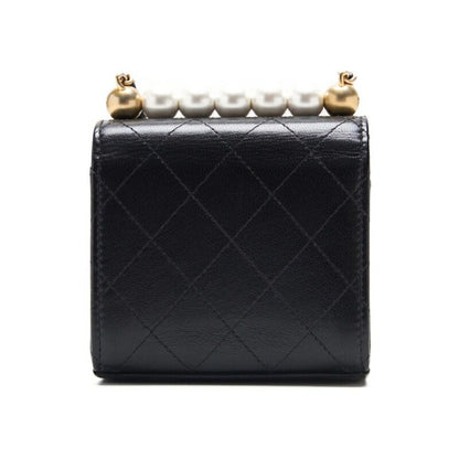 Chanel Mini Matelasse Pearl Chain Shoulder Lambskin Black With Gold Hardware