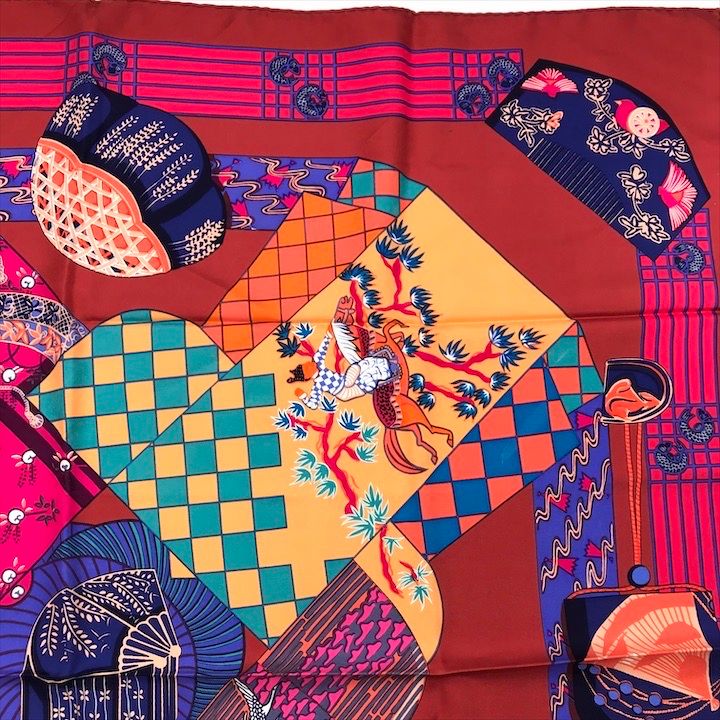 Hermes Carre 90 Scarf Silk 100% Kimono and Inro Red
