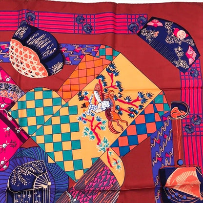 Hermes Carre 90 Scarf Silk 100% Kimono and Inro Red