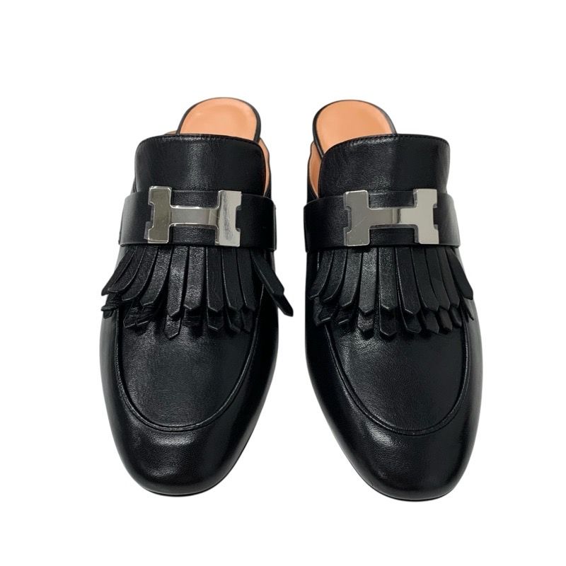 Hermes Cheilly Loafer Leather Shoes Leather Black Silver Hhardware Constance