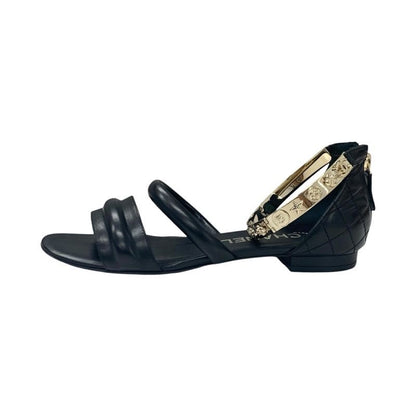 Chanel Sandals Shoes Leather Black Gold Coco Mark Icon Metal Strap Matelasse