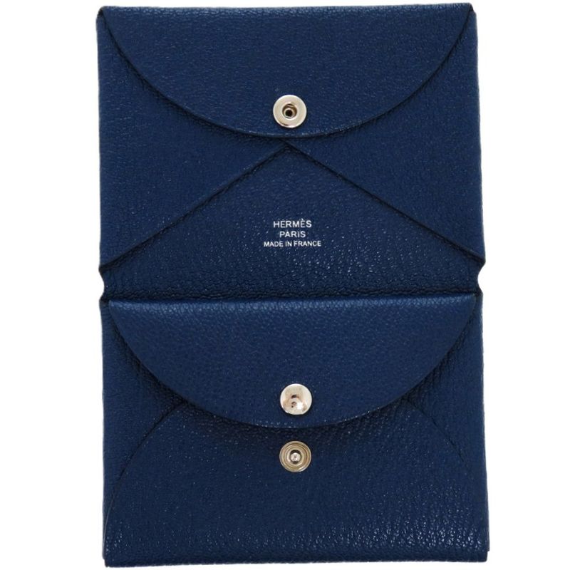 Hermes Calvi Duo Chevre Deep Blue Engraved B 0850 Blue Card Case Hermes