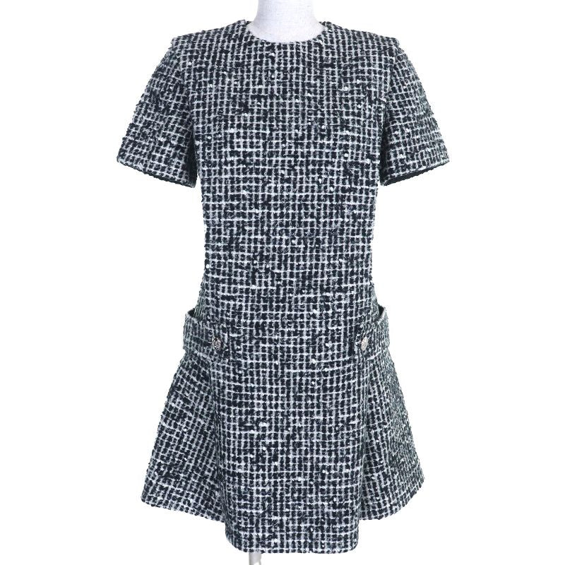 Louis Vuitton 2021 LV Buttoned Tweed Box Pleated Short Sleeved Dress Black