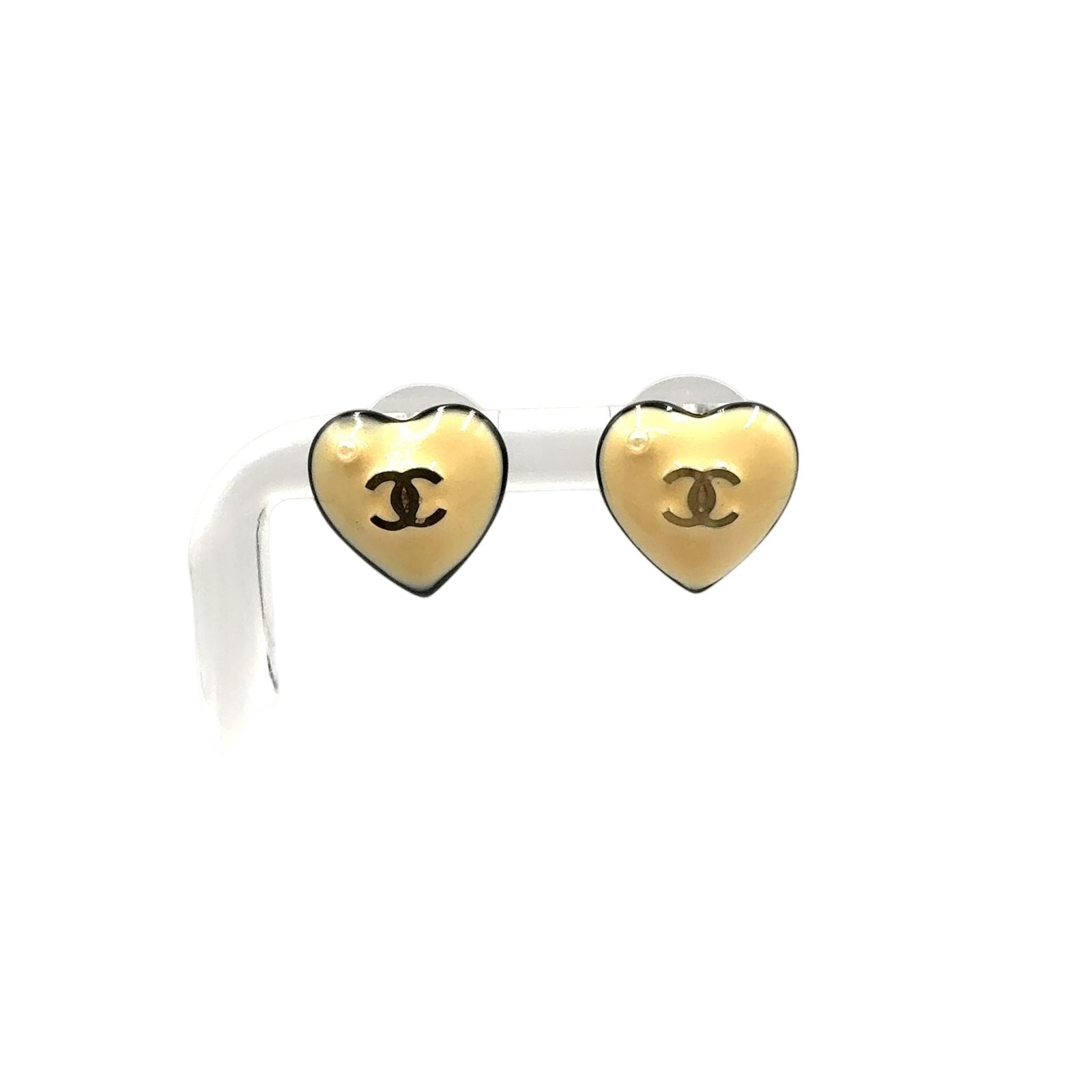 Chanel Heart CC Logo Faux Pearl Resin Black Beige White Earrings Gold