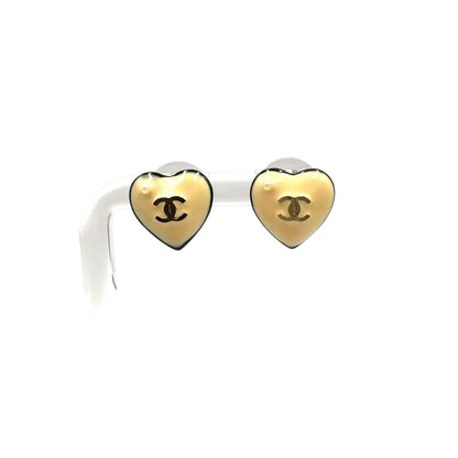 Chanel Heart CC Logo Faux Pearl Resin Black Beige White Earrings Gold