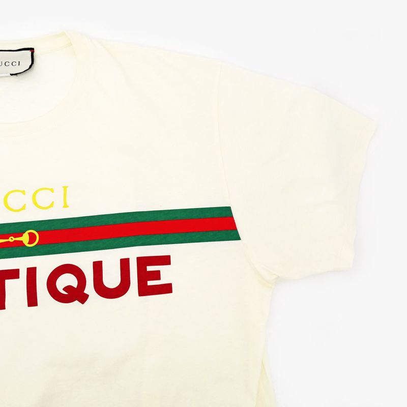 Gucci Webline Logo Print T-shirt XL Size 615044 Cream Color Cotton