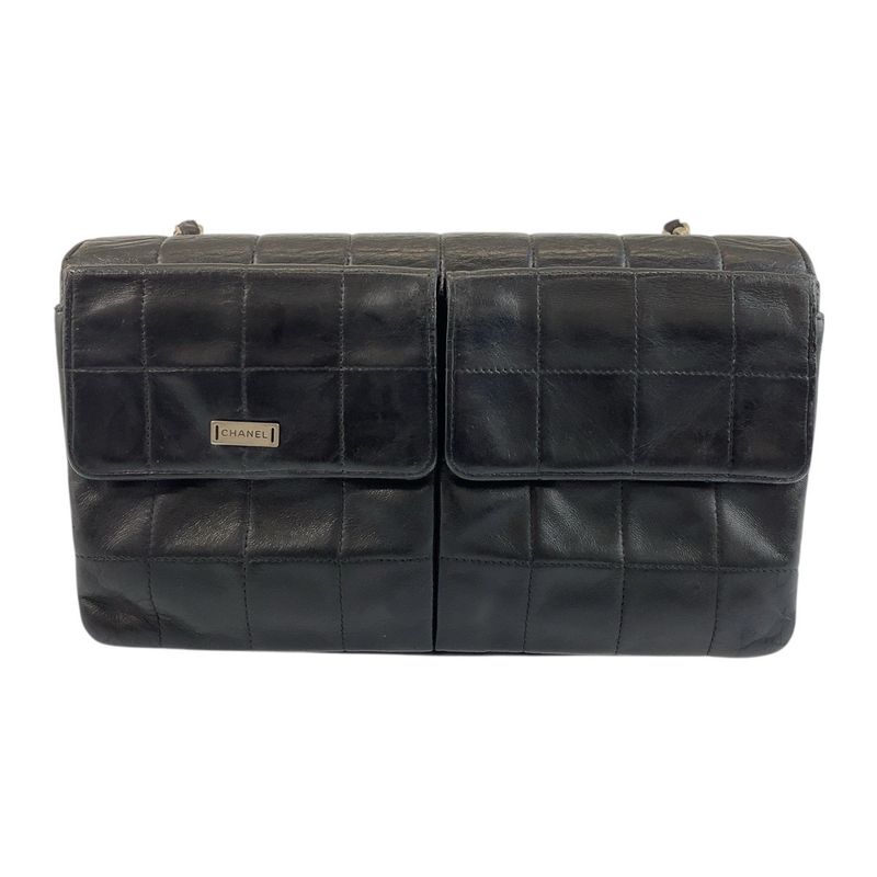 Chanel Vintage Chocobar Black Silver Hardware Lambskin 6135*** Chain Shoulder