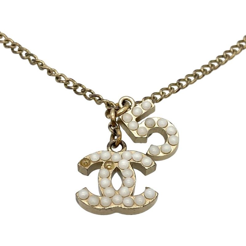Chanel No5 Coco Mark Necklace Metal Gold Faux Pearl Ladies