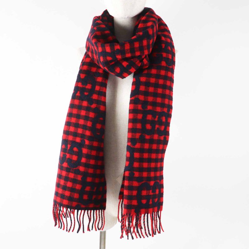 Gucci 644365 Wool Jumbo GG Checked Jacquard Scarf With Fringe Red Black 240 X