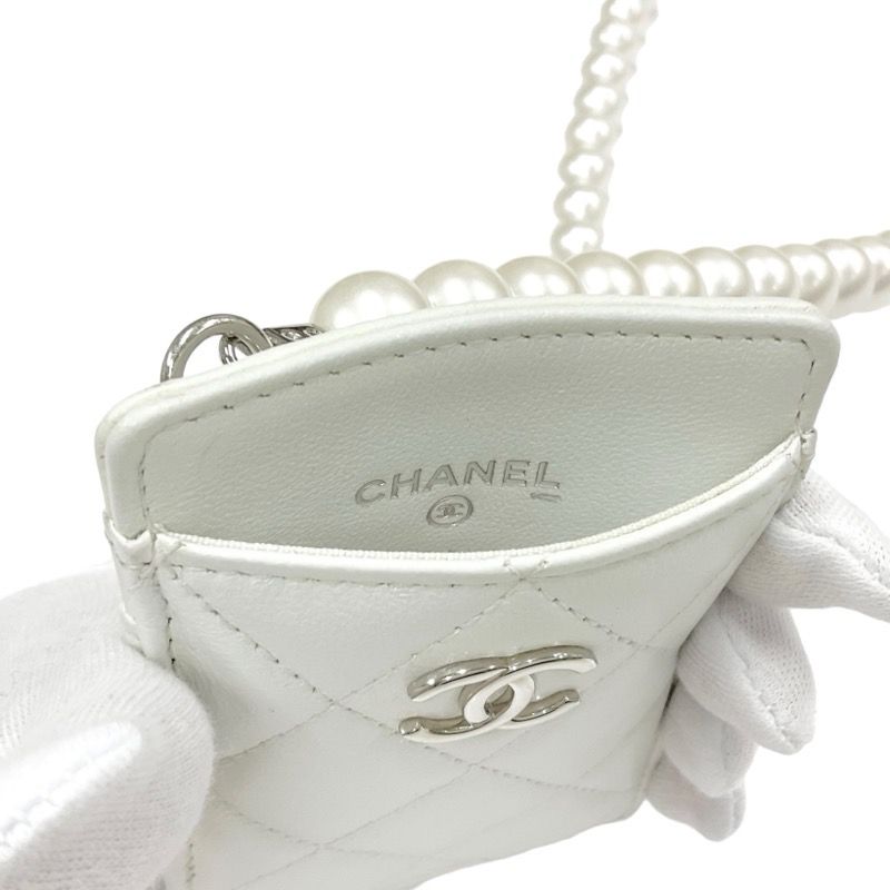 Chanel Card Case Card Holder Pass Case White Silver Coco Mark Charm Matelasse