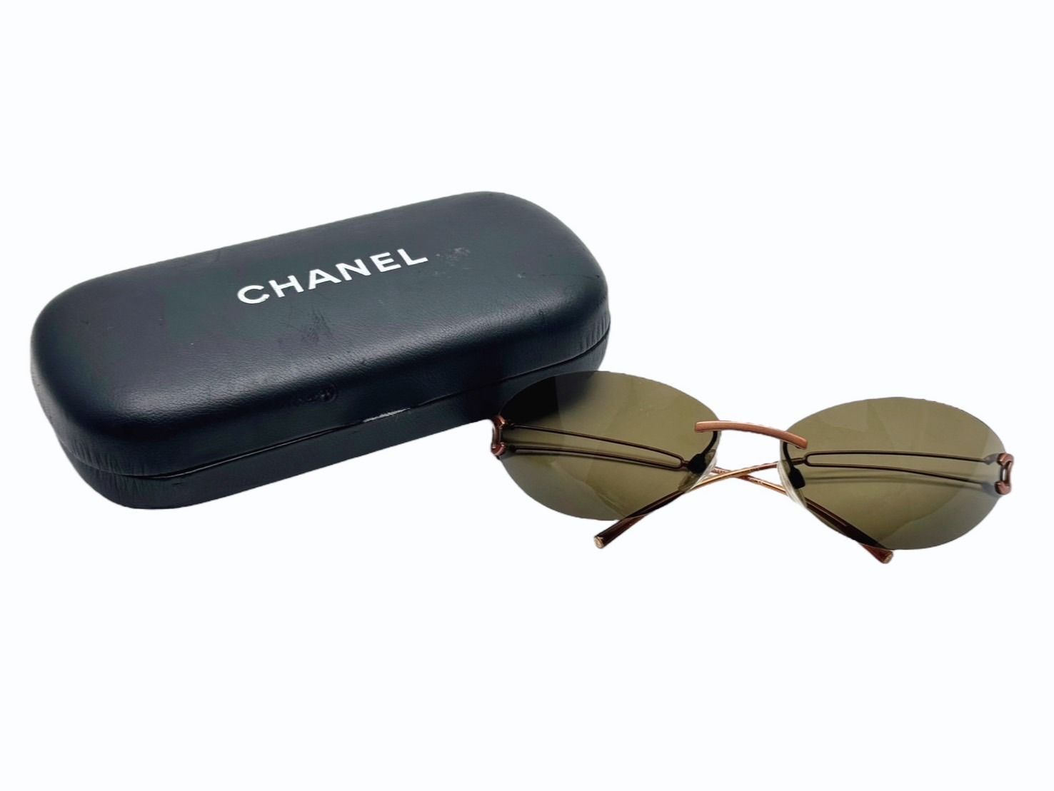 Chanel Rimless Sunglasses CC Logo Blanc Brown Eyewear