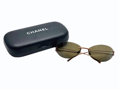 Chanel Rimless Sunglasses CC Logo Blanc Brown Eyewear