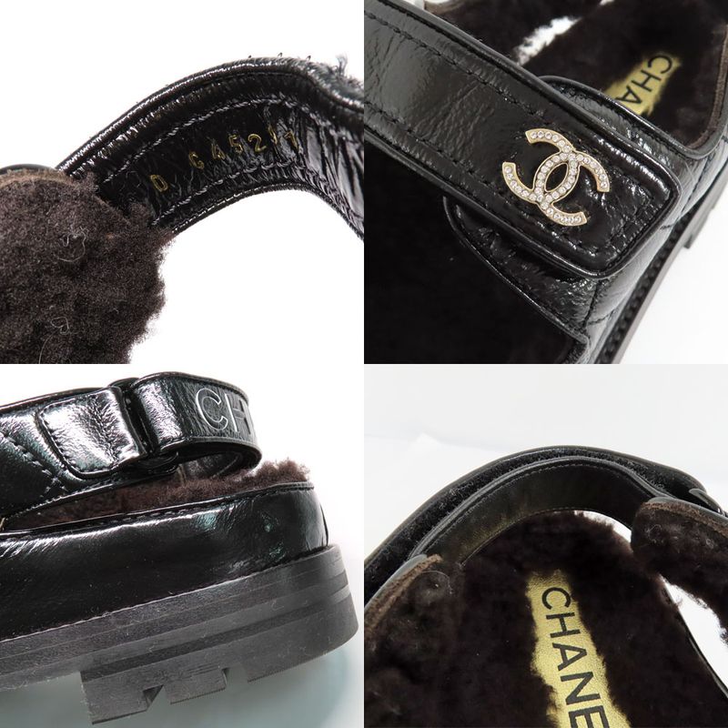 Chanel Sandals 23K G45291 Boa Rhinestone Coco Mark 38 Black Leather