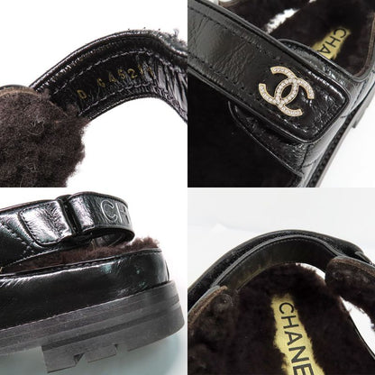Chanel Sandals 23K G45291 Boa Rhinestone Coco Mark 38 Black Leather