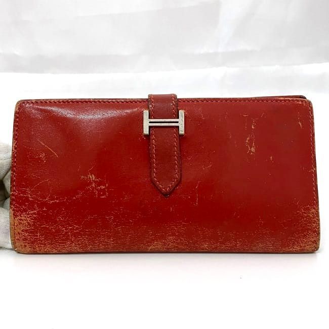 Hermes Bifold Long Wallet Bearn Ec21287 Red Wallet Leather