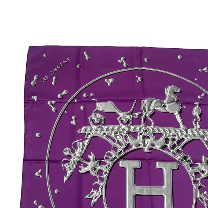 Hermes Carre 90 VIF Argent Silver Drop Orange Silk Scarf With Purple Box