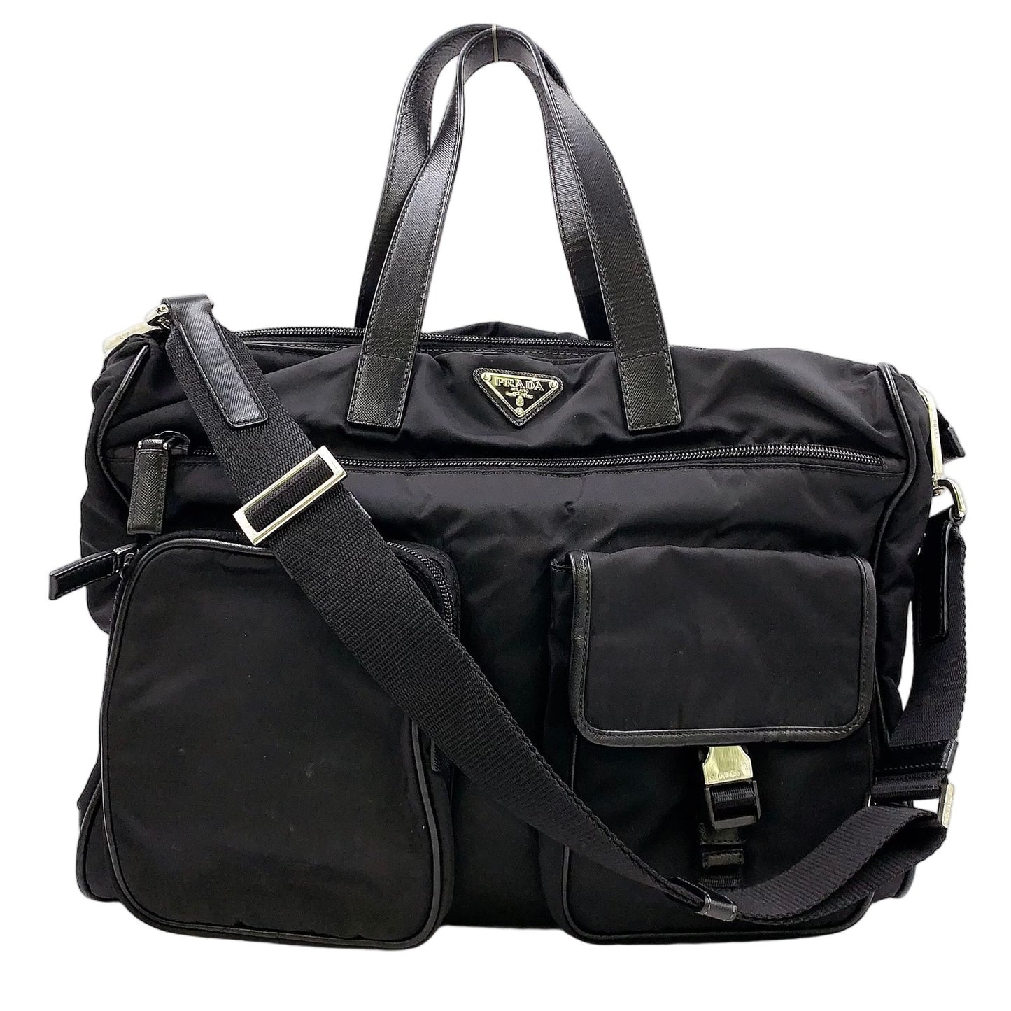 Prada 2-Way Shoulder Leather Nylon Black Handbag Silver