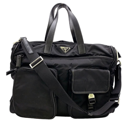 Prada 2-Way Shoulder Leather Nylon Black Handbag Silver