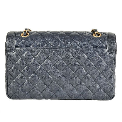 Chanel Matelasse Double Chain Shoulder Bag Caviar Skin Blue Gold Hardware Coco