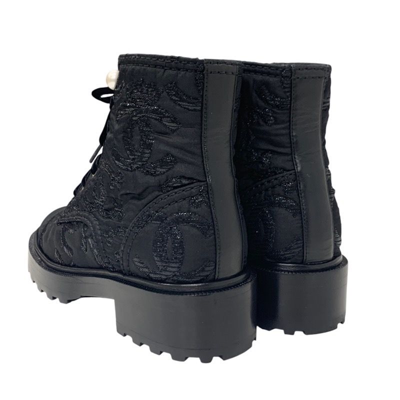 Chanel Boots Short Boots Shoes Fabric Black Here Mark Lace Up Pearl