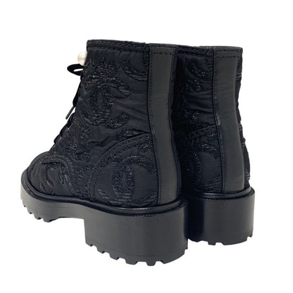 Chanel Boots Short Boots Shoes Fabric Black Here Mark Lace Up Pearl
