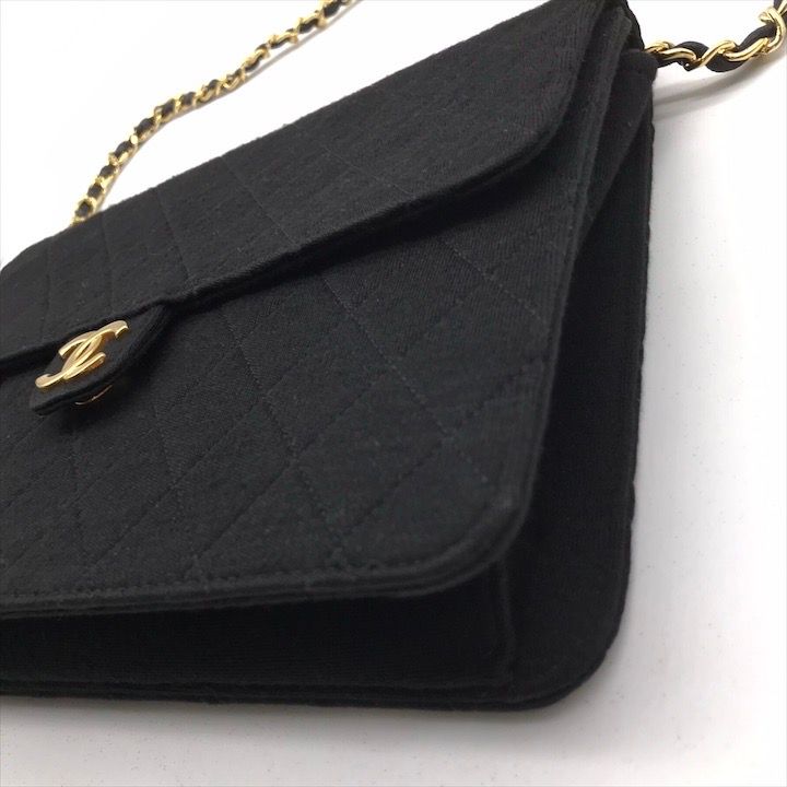 Chanel CC Logo Cotton Jersey Quilted Chain Shoulder Bag Black
