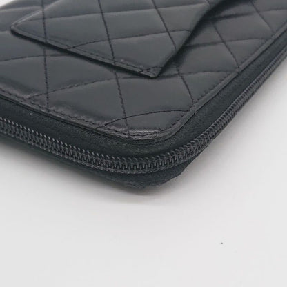 Chanel Long Wallet Organizer Cambon Line Round Zip Zipper With Seal Black/black
