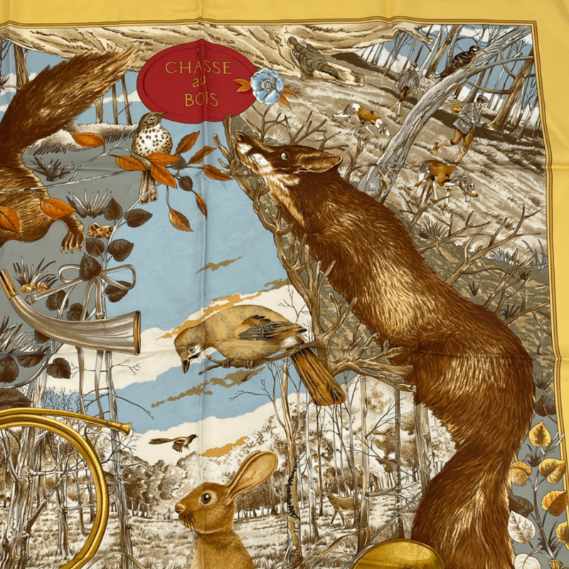 Hermes Carre 90 Chasse Au BOIS Hunting In The Woods Yellow Scarf 100% Silk