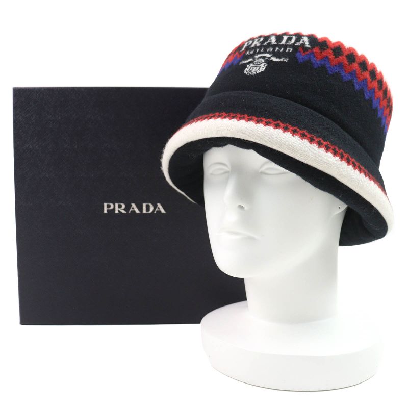 Prada 2022 1hc248 Wool Cashmere Logo Padded Knitted Bucket Hat Black White Red
