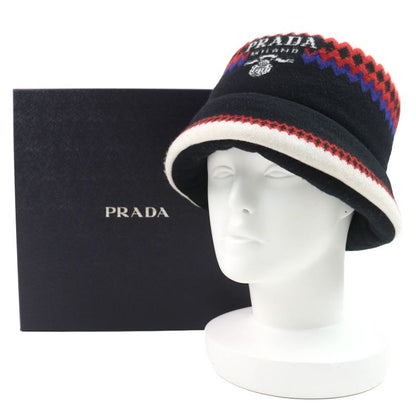 Prada 2022 1hc248 Wool Cashmere Logo Padded Knitted Bucket Hat Black White Red