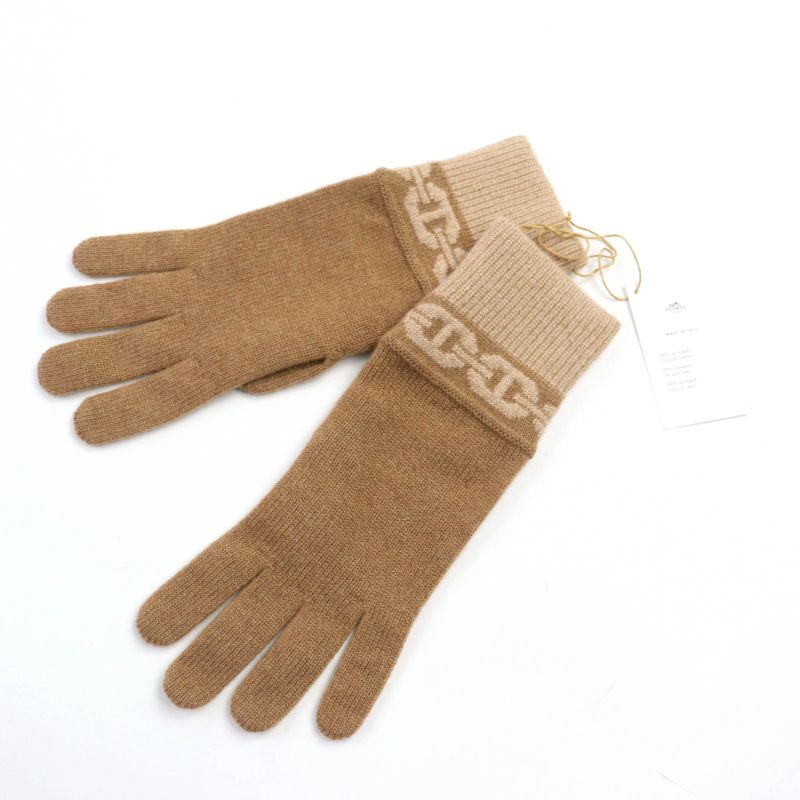 Hermes Haven Cashmere Chateigne Biscuit Chaine D'ancre Knitted Gloves M With