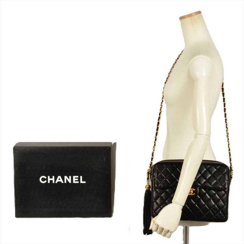 Chanel Matelasse Coco Mark Shoulder Bag Lambskin Black Gold Hardware Fringe