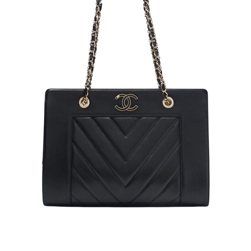 Chanel V Stitch Decacoco Double Chain Shoulder Lamb Skin Black With Gold