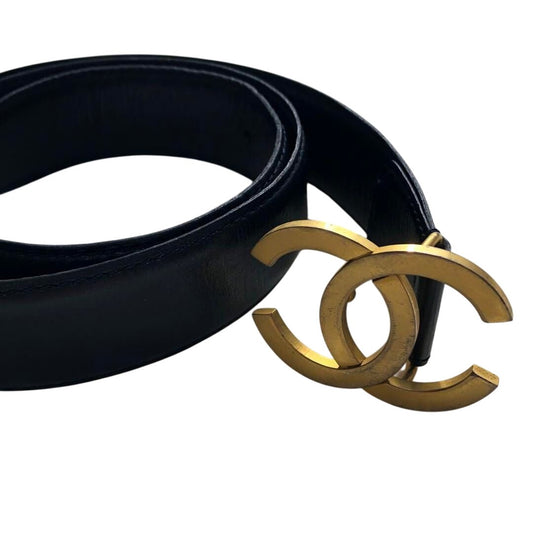 CHANEL Vintage CC Logo Black Leather Belt Gold Buckle