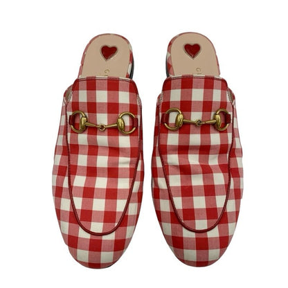 Gucci Prince Town Flat Shoes Fabric Red White Gold Mule Slipper Sandals Check