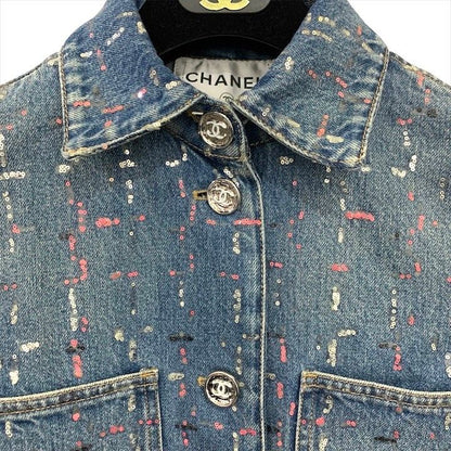 Chanel Coco Button Sequin Denim Jacket 38 Blue