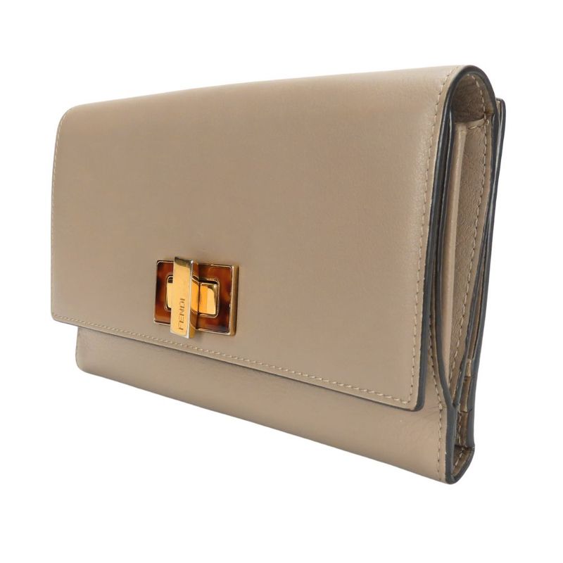 Fendi Bifold Wallet 8m0308 Peekaboo Leather Beige Glaze Gold Hardware Long