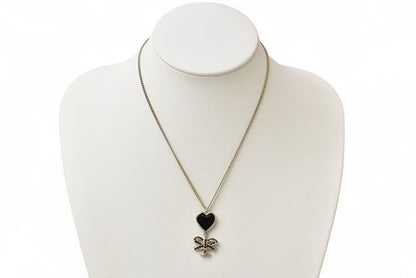 Chanel Necklace Pendant Chanel Coco CC Heart Ribbon Rhinestone Black Silver 05P