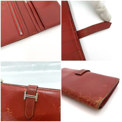 Hermes Bifold Long Wallet Bearn Ec21287 Red Wallet Leather