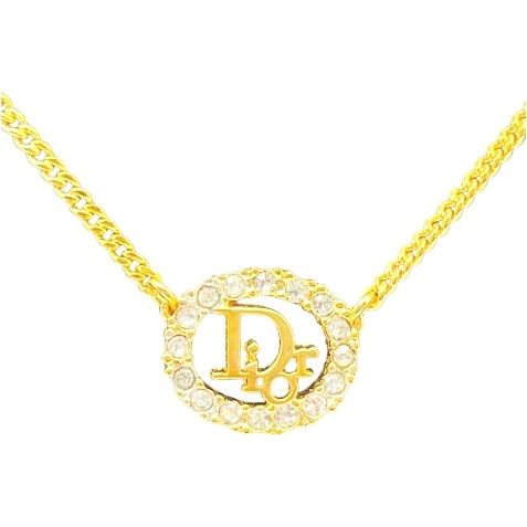 Christian DIOR Necklace Rhinestone Vintage Round Logo Gold