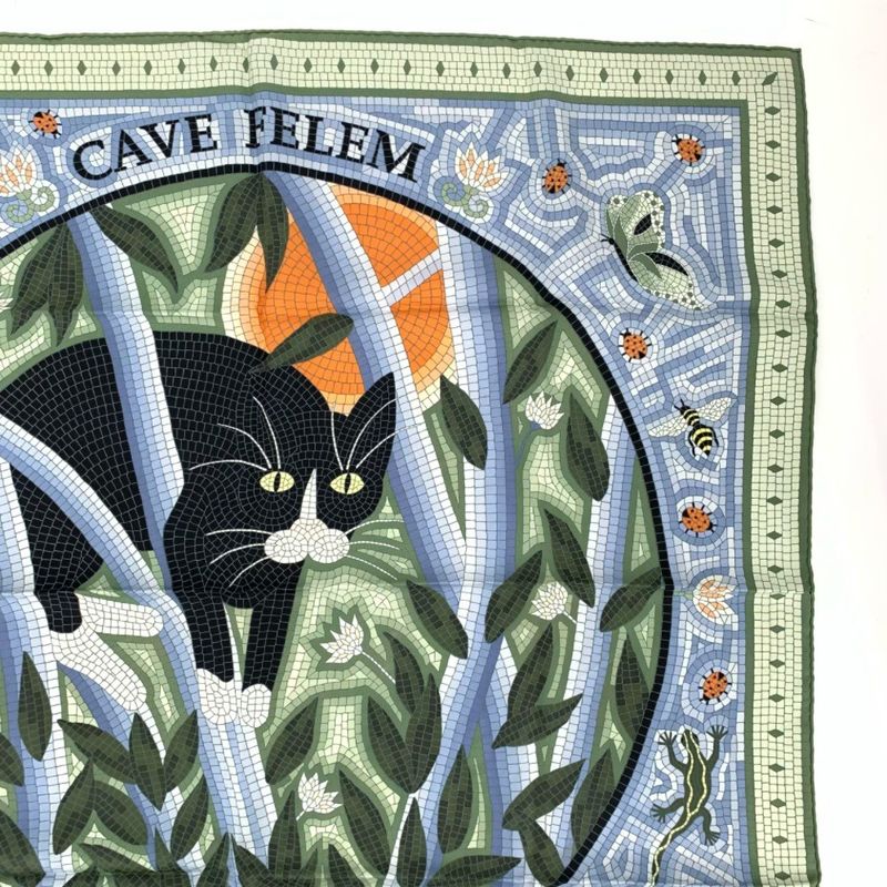 Hermes Carre 90 CAVE Felem Note The Cat Multicolor Scarf 100% Silk