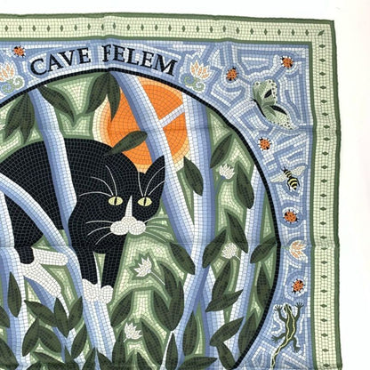 Hermes Carre 90 CAVE Felem Note The Cat Multicolor Scarf 100% Silk