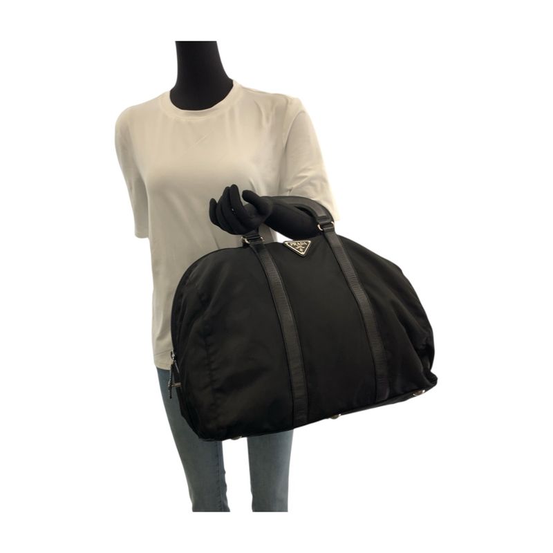 Prada Tessuto Triangle Logo Plate Black Silver Hardware Nylon Boston Bag