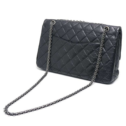 Chanel 2.55 Chain Shoulder Bag Black Calf Silver Hardware