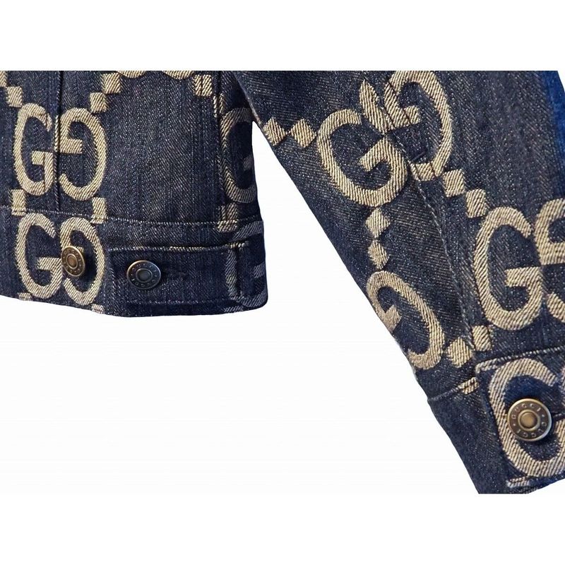 Gucci Jumbo GG Denim Jacket Outerwear Women's Blue Ivory Metal Button #36 Made