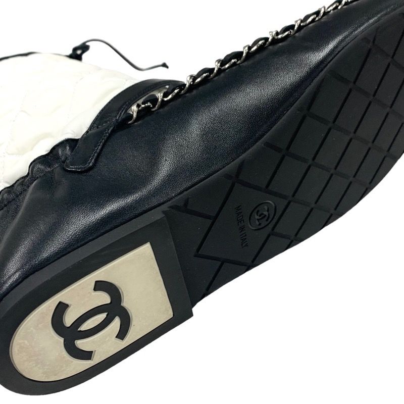 Chanel Boots Short Boots Shoes Nylon Leather White Black Matelasse Chain Belt