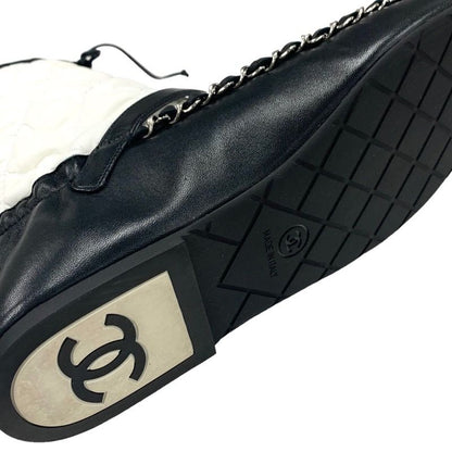 Chanel Boots Short Boots Shoes Nylon Leather White Black Matelasse Chain Belt