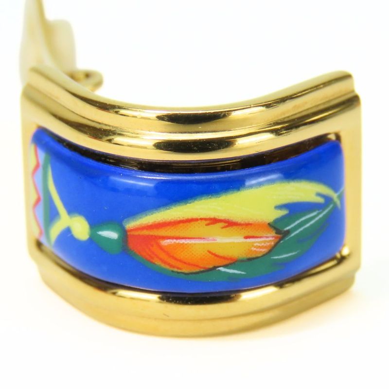 Hermes Earring Emile Feather Pattern Metal Cloisonne Blue Multicolor Plated